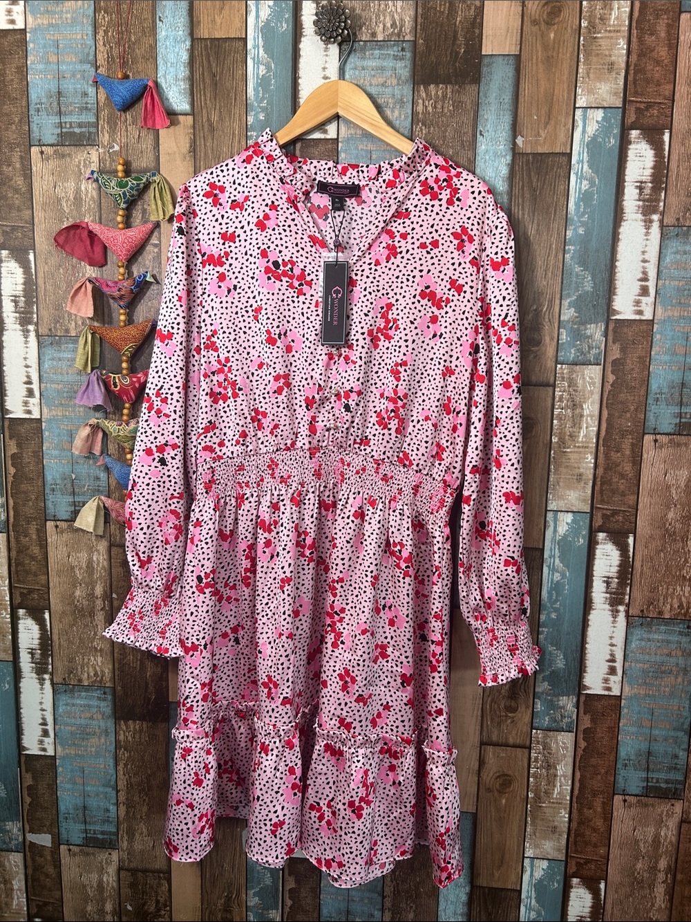 Christian Siriano Pink & Red Floral Long-Sleeve Smocked Dress